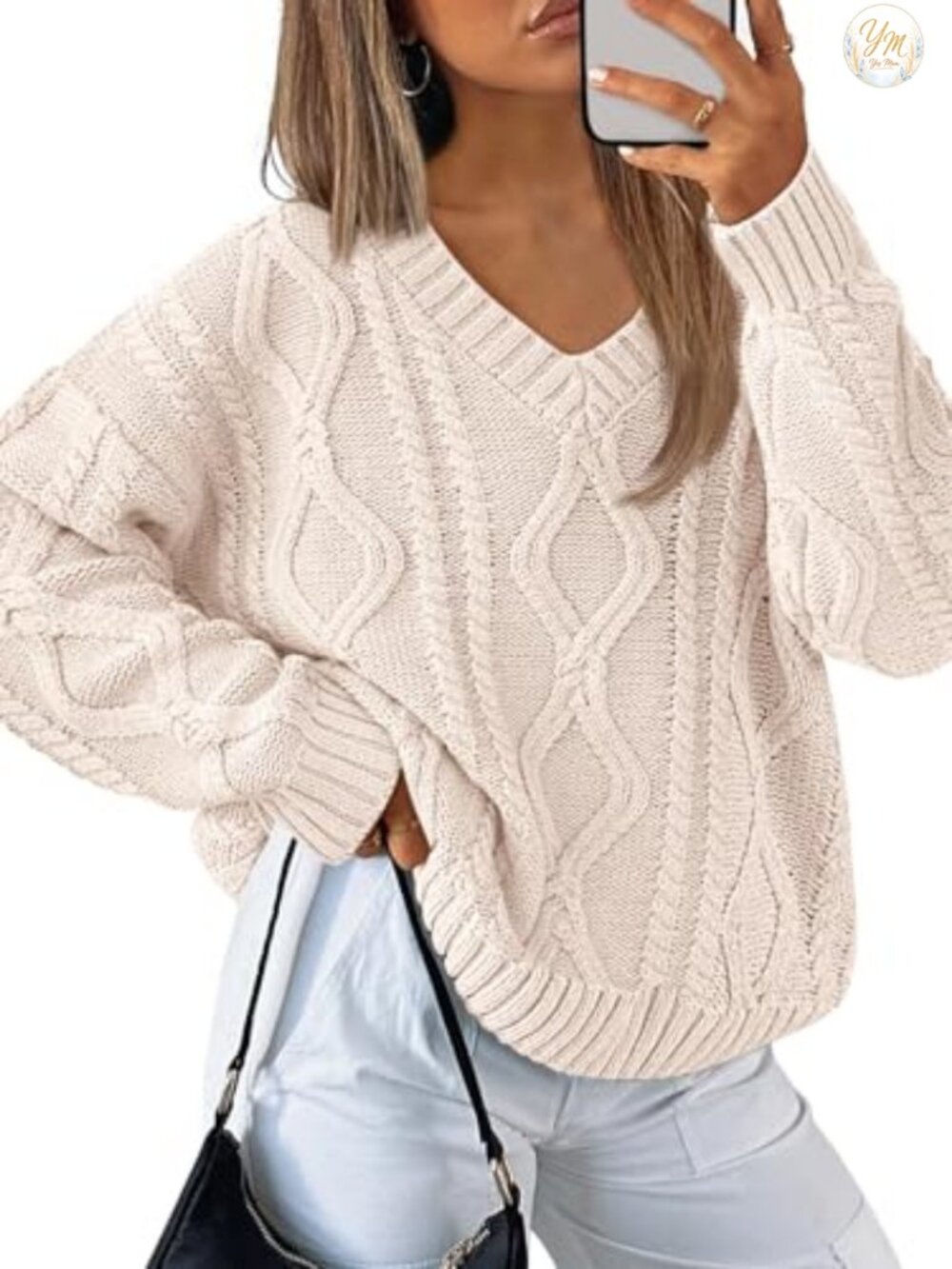Womens V Neck Cable Knit Oversized Cozy Fall Pullover Sweater